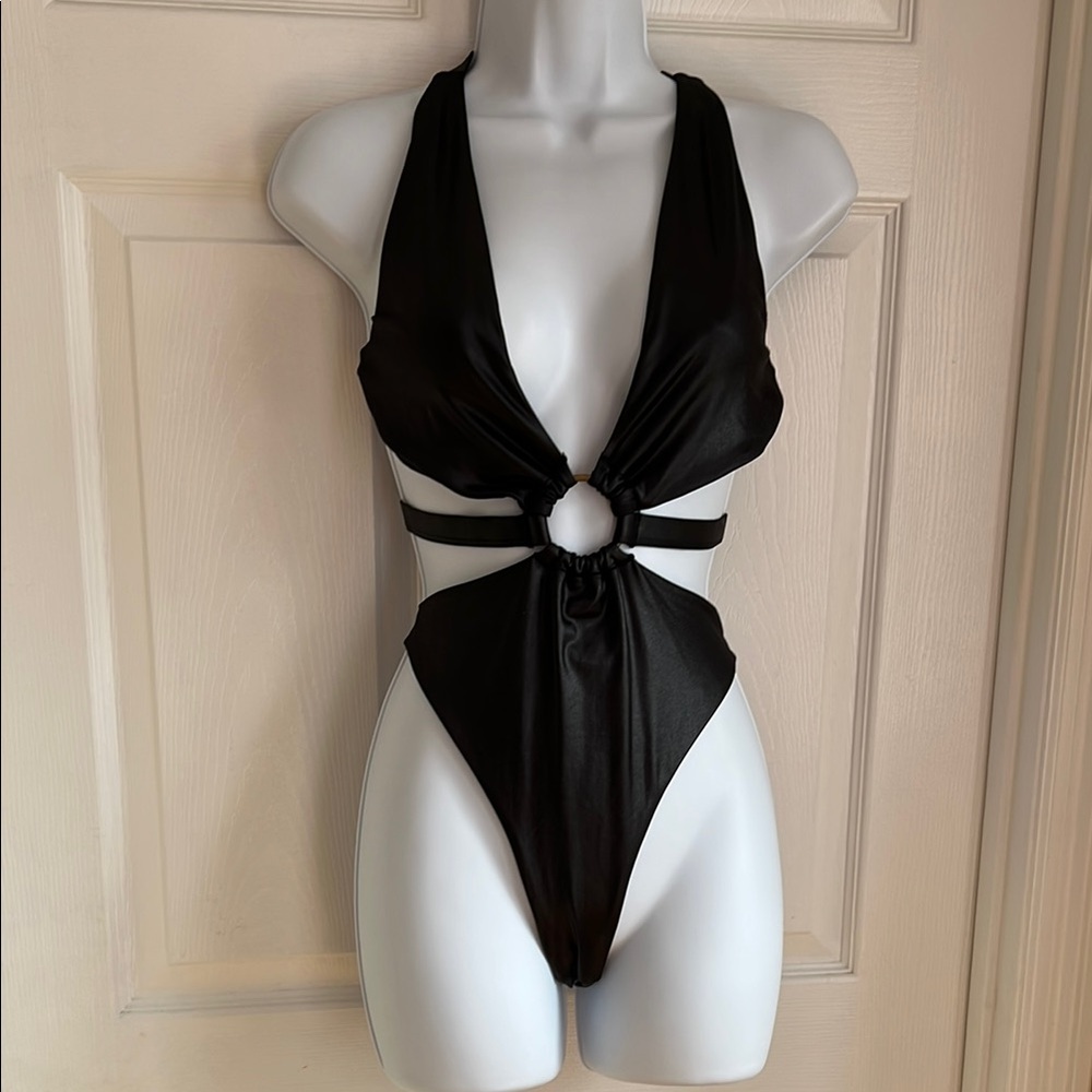 Nasty Gal Black Halter Cut-Out Swimsuit size M